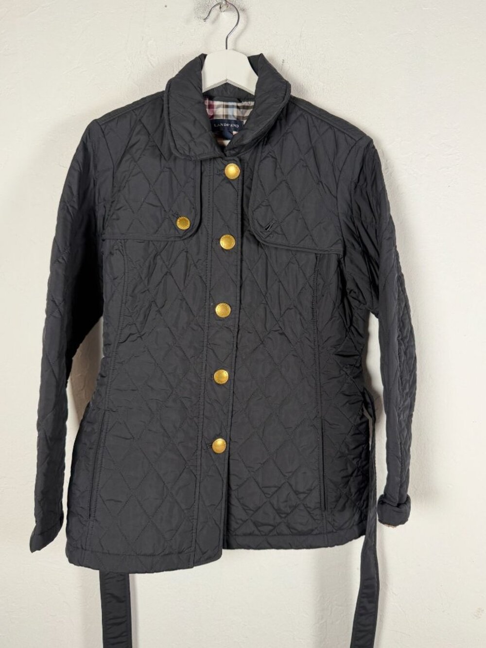 Lands' End Womens Black Quilted Jacket Plaid Lining Gold Buttons Medium (10-12)